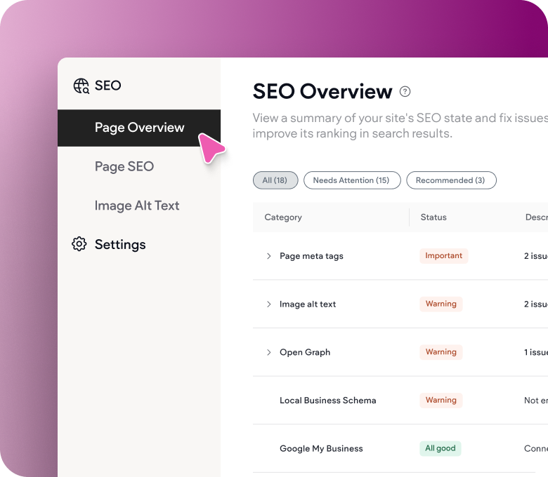 A screenshot of the seo overview page on a computer screen.