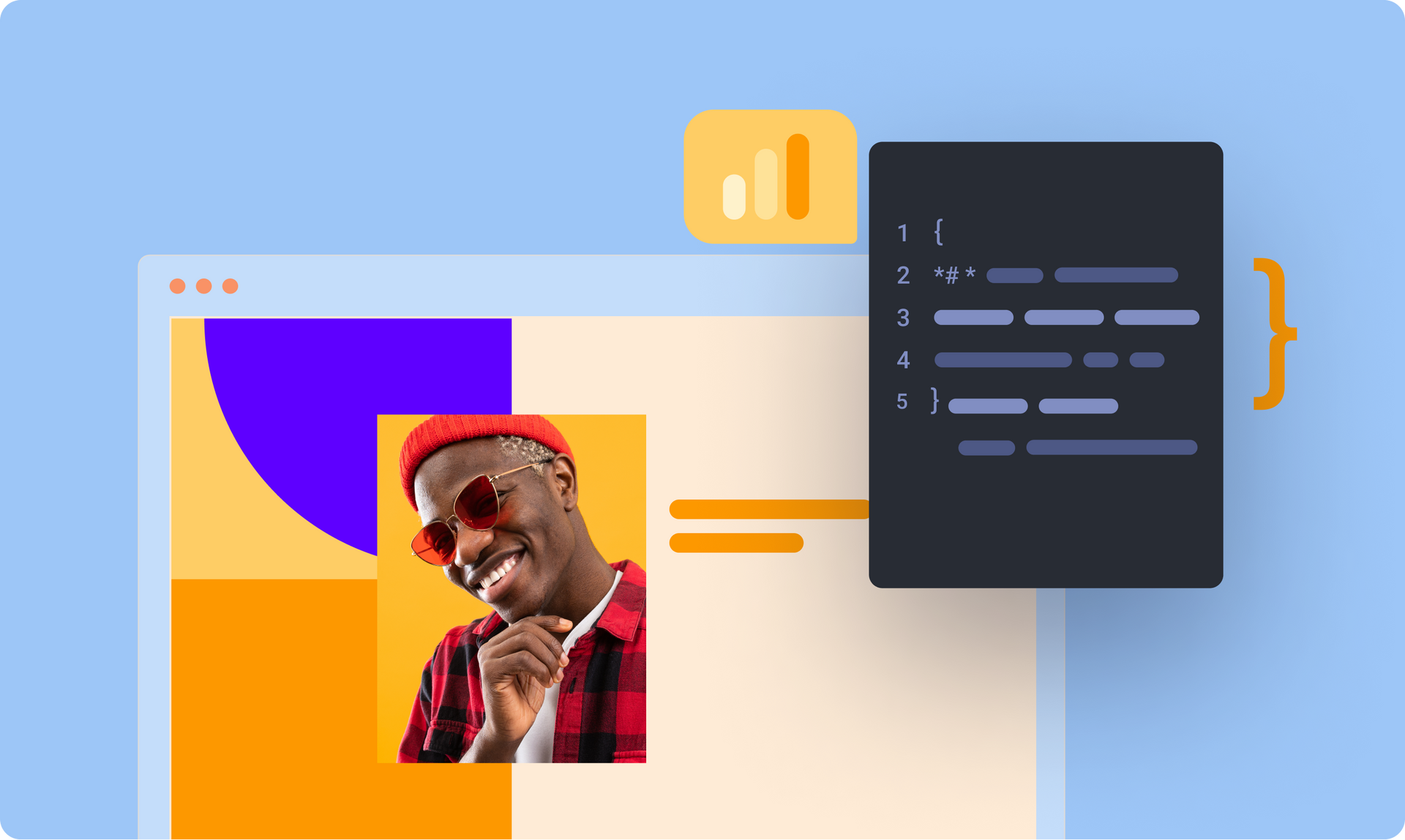 A computer screen with a picture of a man and a piece of code.