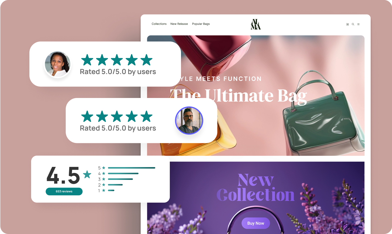 A screenshot of a site with a purse and product reviews