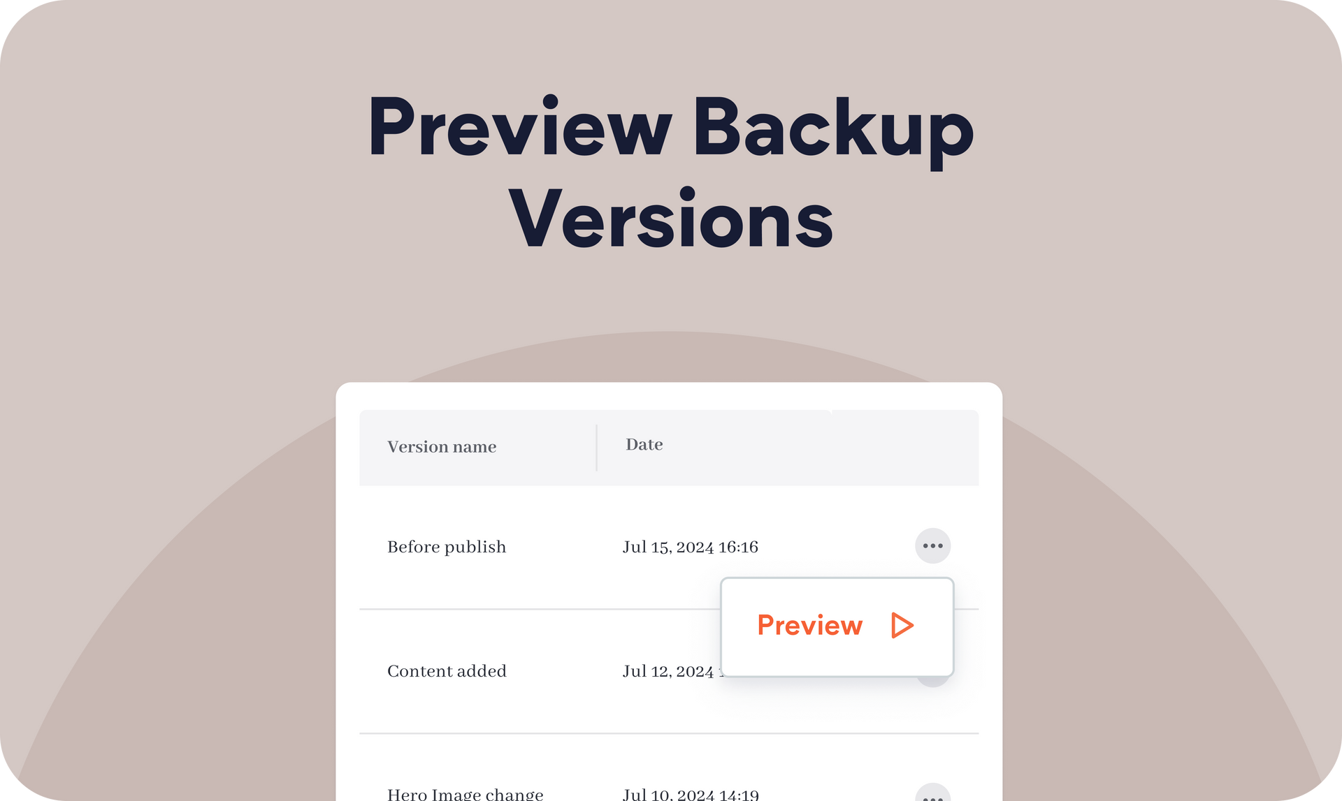 A screenshot of a preview backup versions page