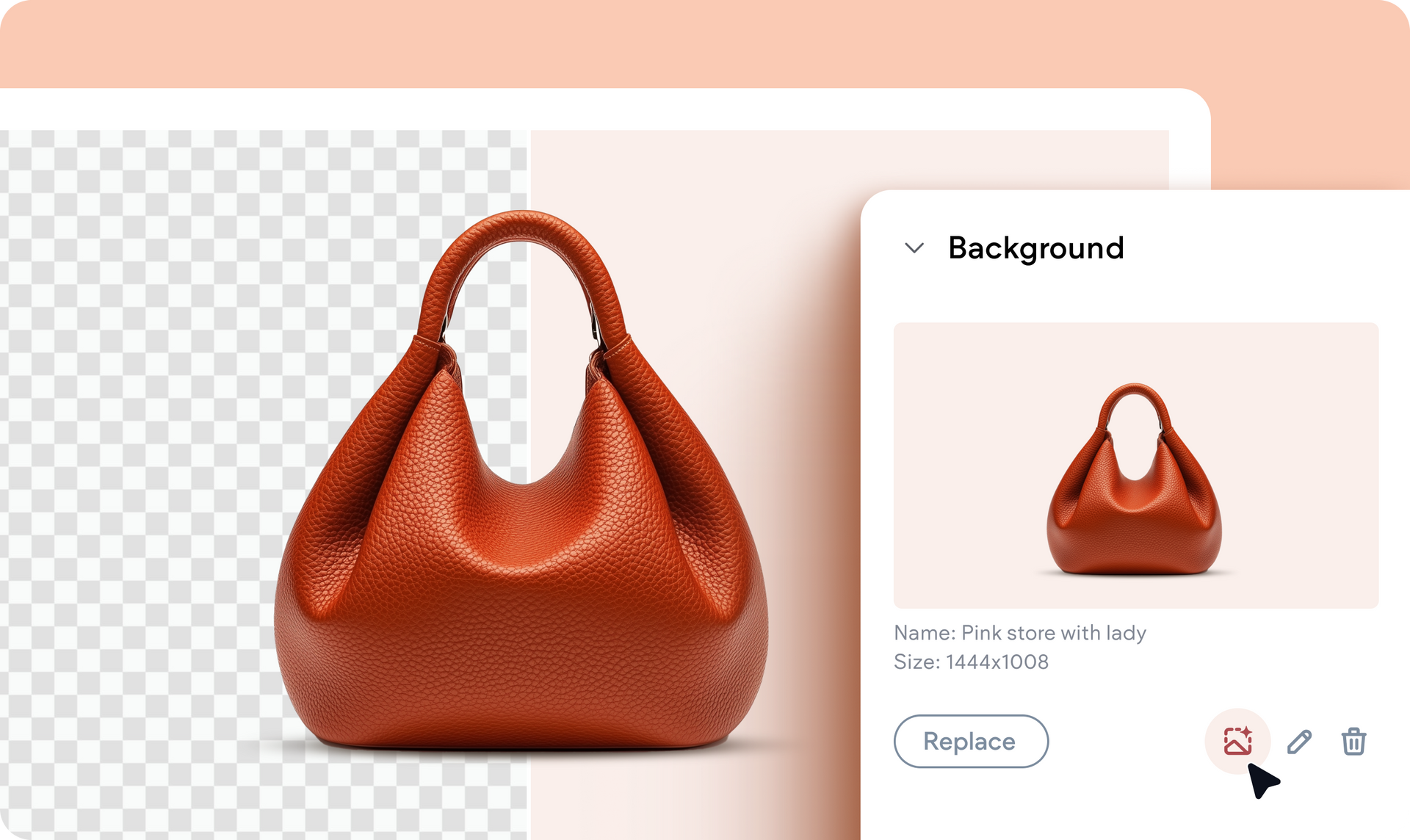 Brown handbag isolated on transparent background with pinkish backdrop, replacing the background.