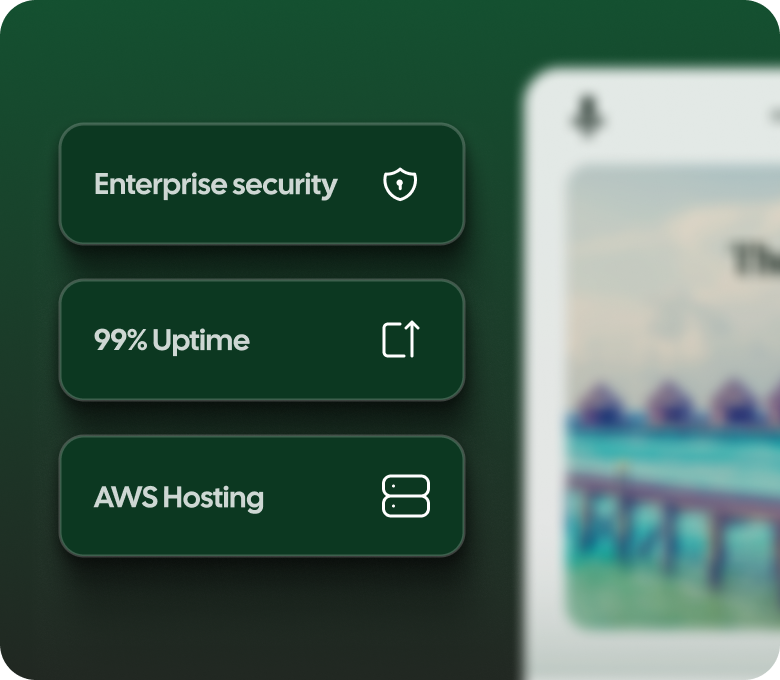 A green background with three buttons that say enterprise security , 99 % uptime , and aws hosting.