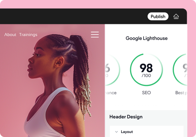 A woman with braids is standing next to a google lighthouse page.