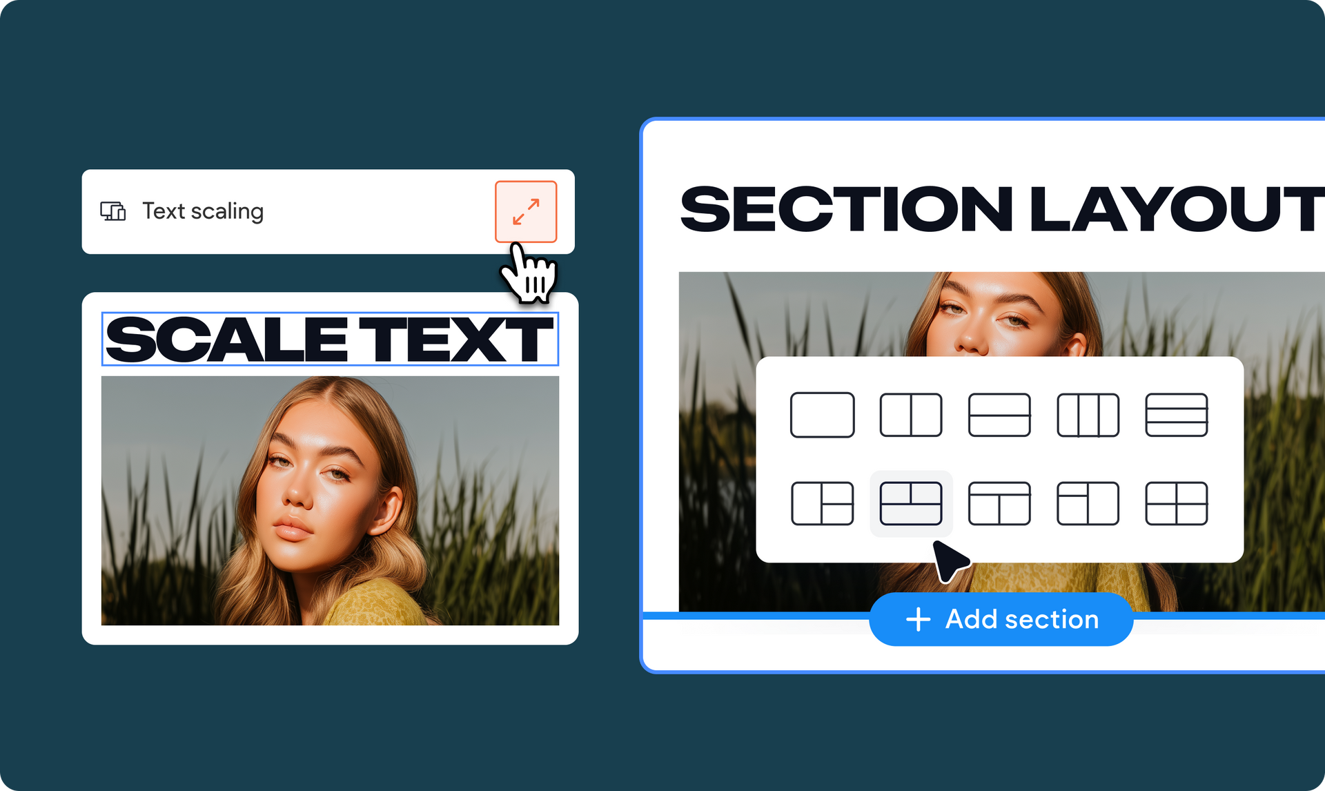 A person designs a webpage with options for text scaling and section layout with images.