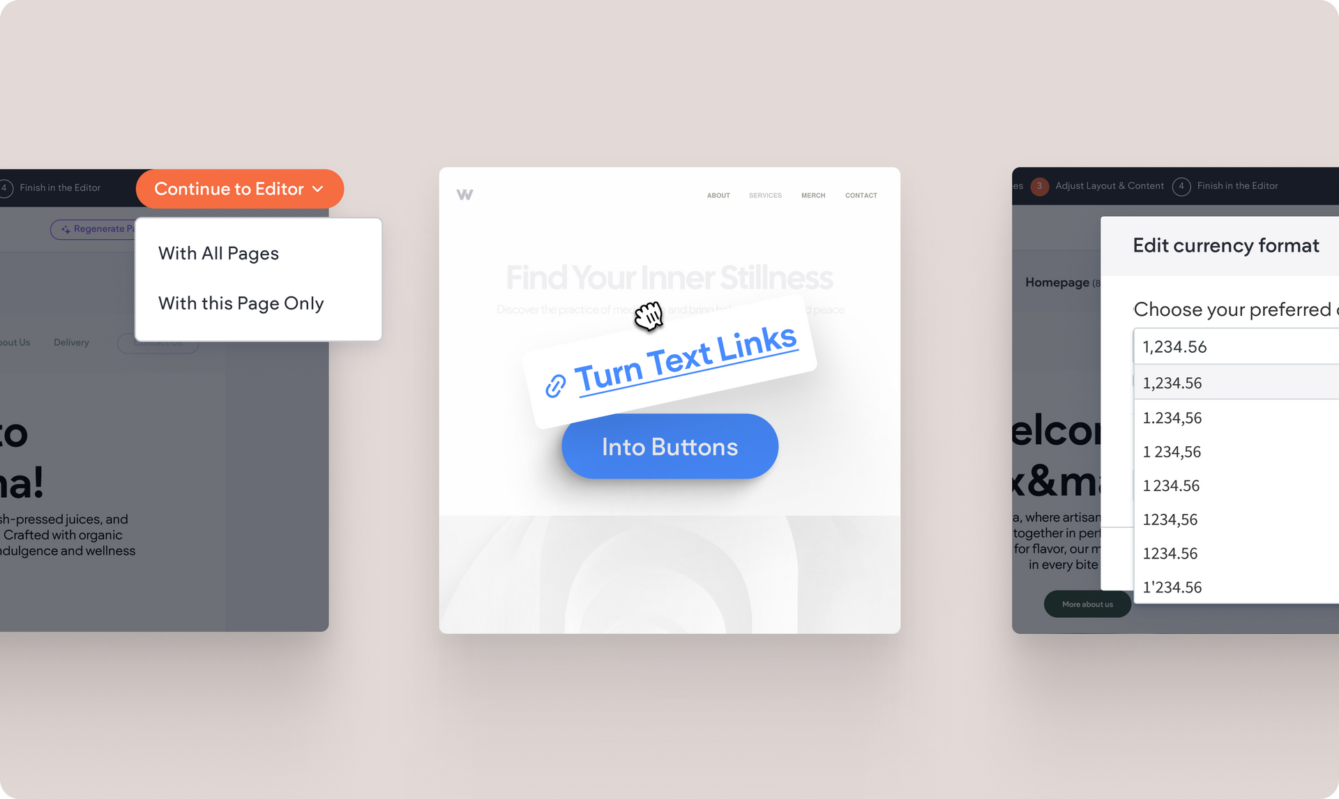 Three website interface views showcasing a button, input field, and dropdown menus.