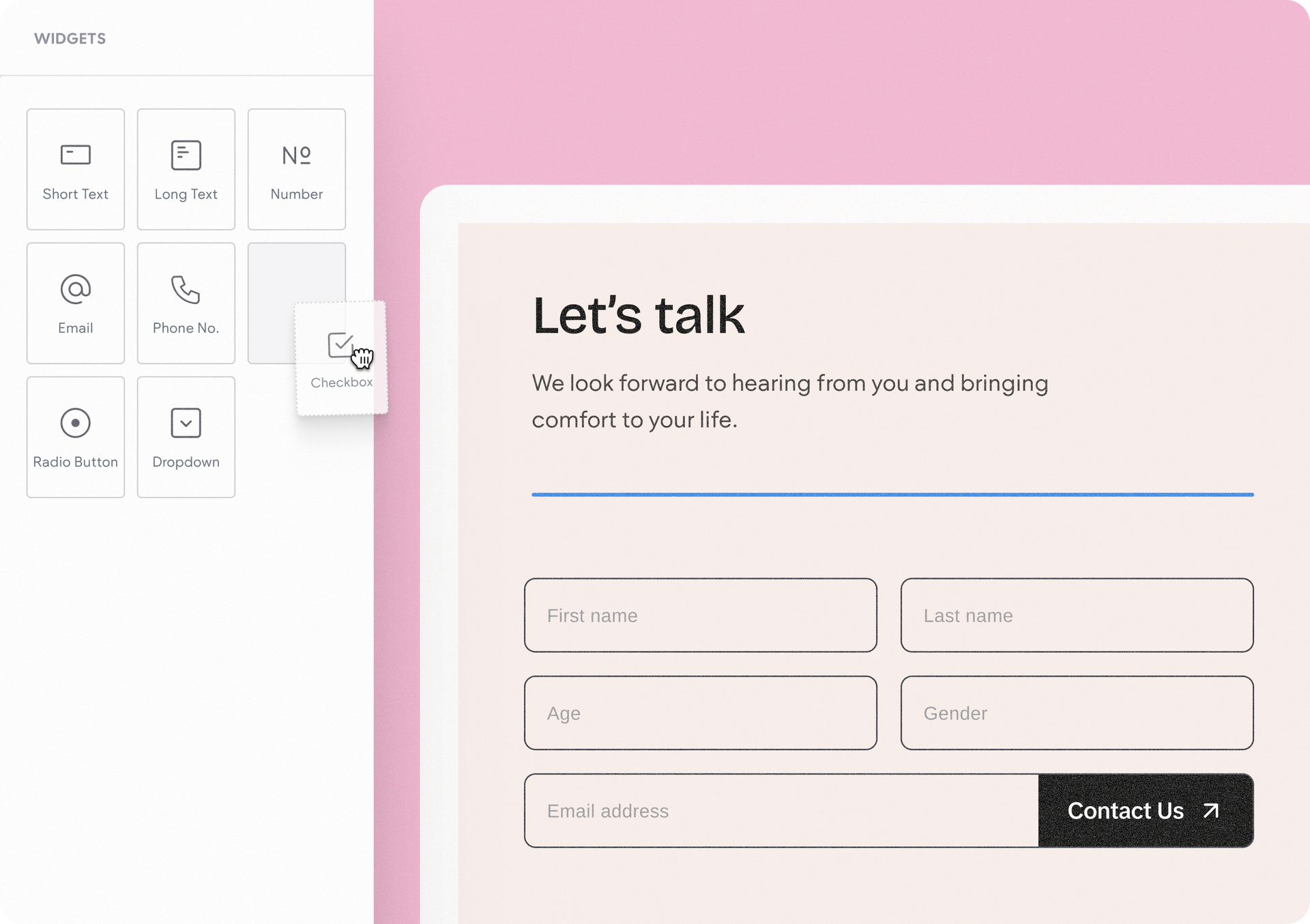 A website form builder interface. The form includes fields: first name, last name, age, gender, and email. The user can add a