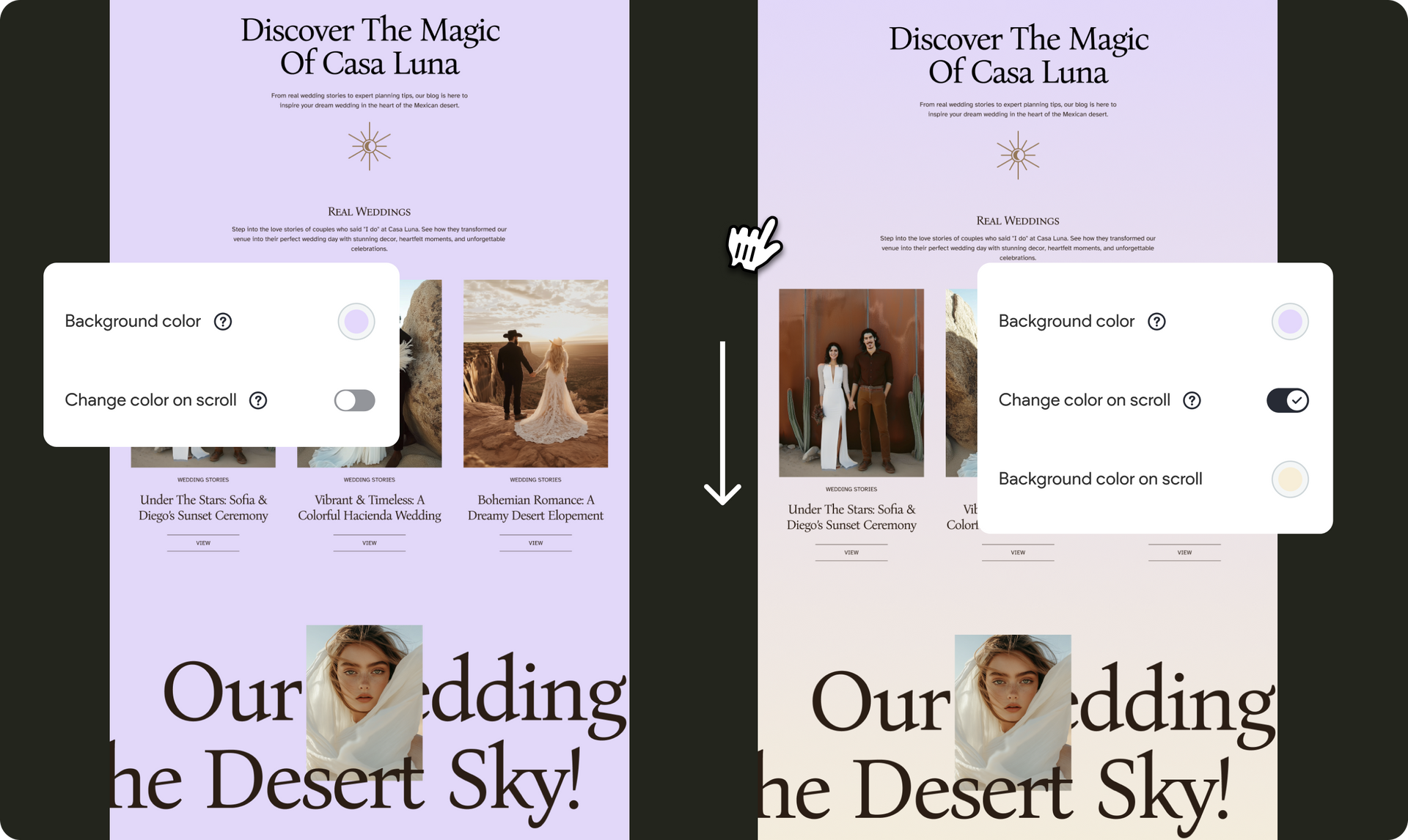 Side-by-side website screenshots: One with an opened menu and the other without. A wedding website theme with light purple colors.