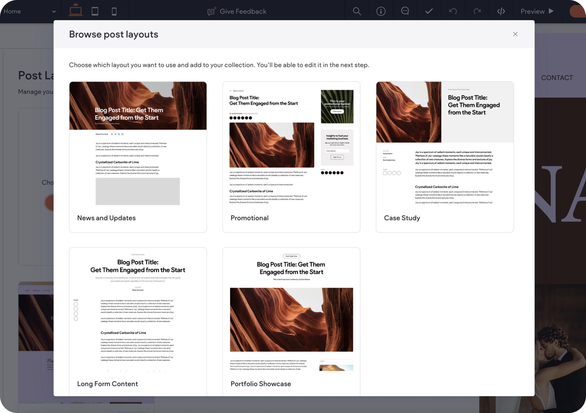 Website interface displaying a grid of blog post previews with canyon imagery and text snippets.