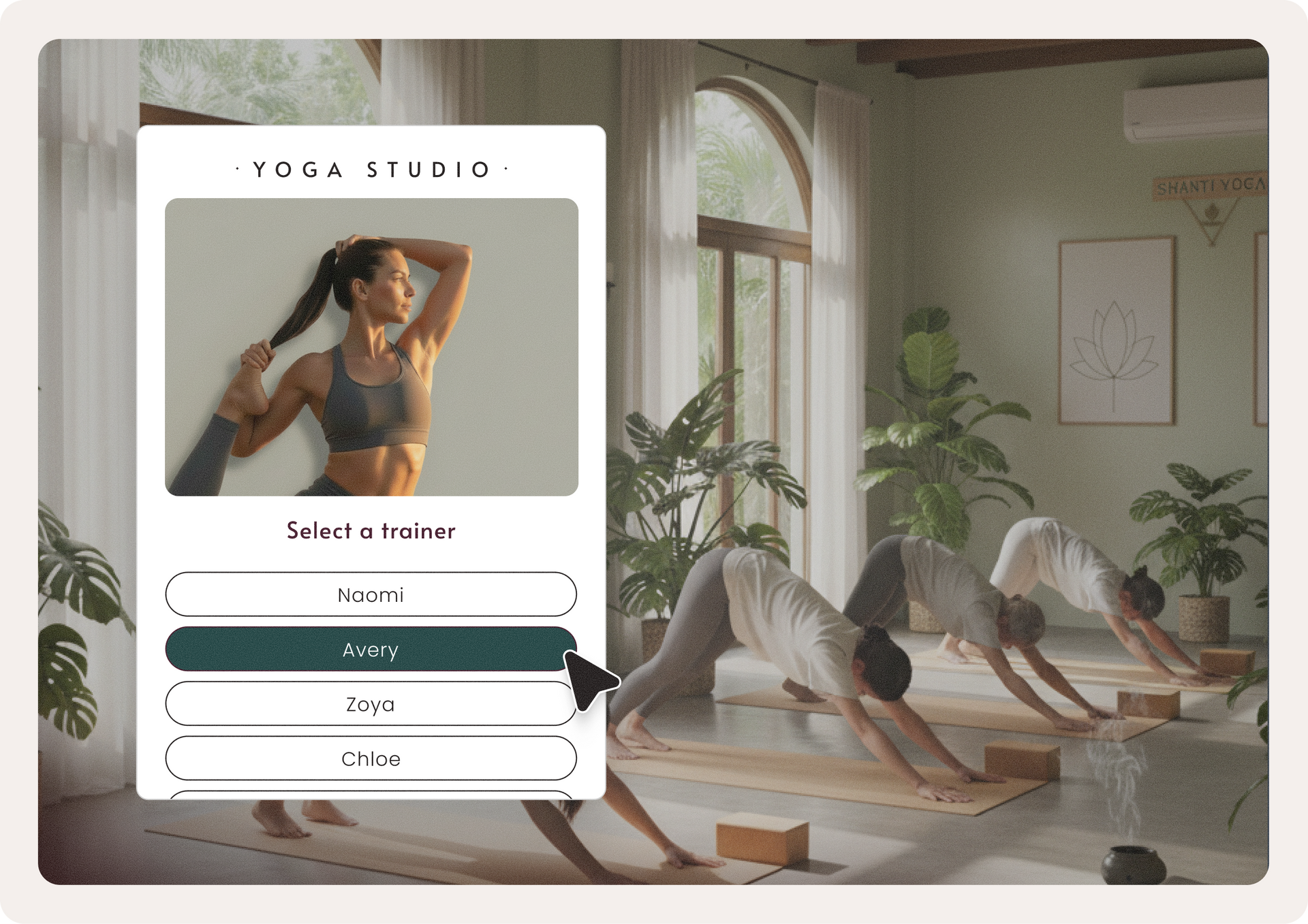 Yoga studio interface with class selection: people in a class, instructor selection 
