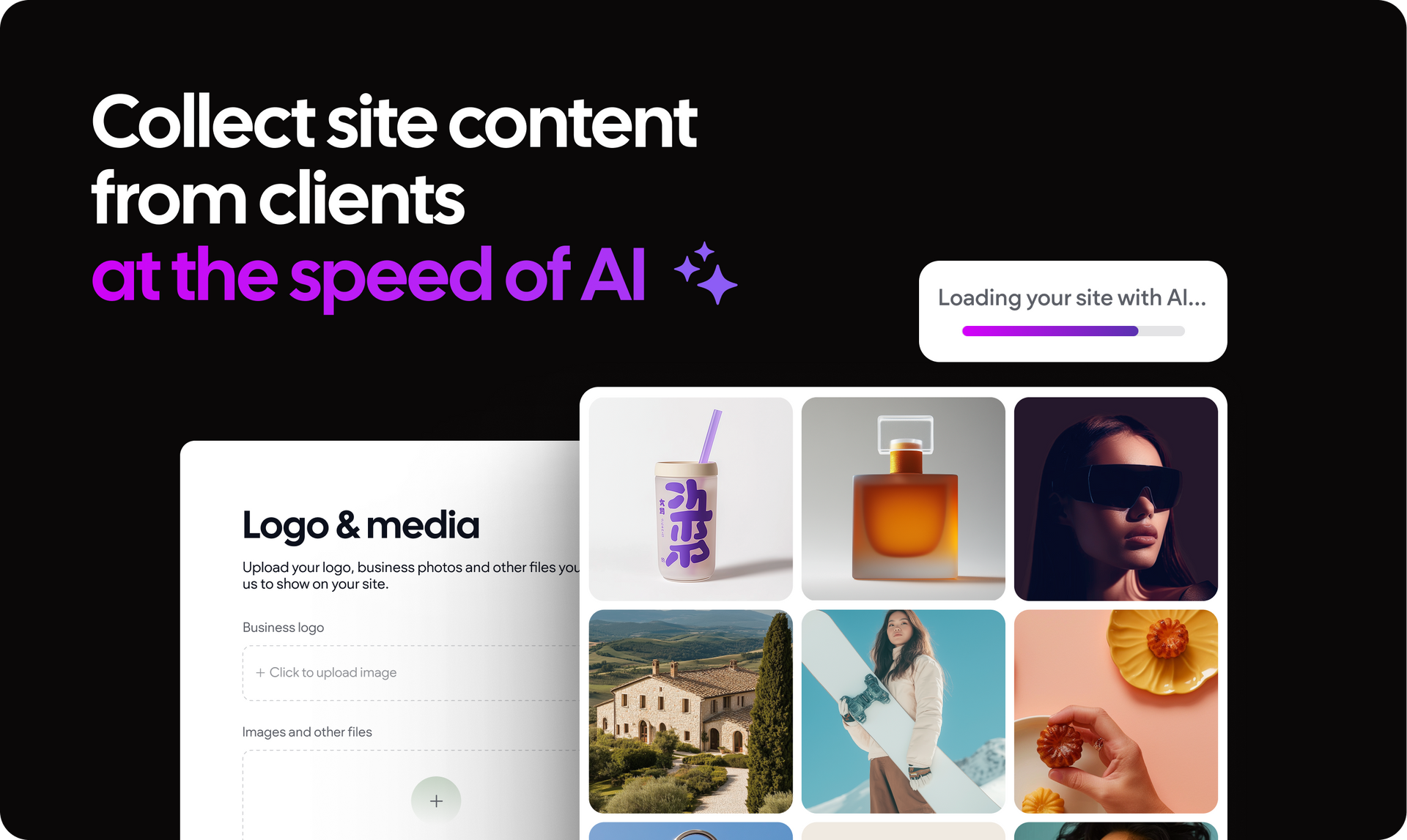 A screenshot of a website that says collect site content from clients at the speed of ai.