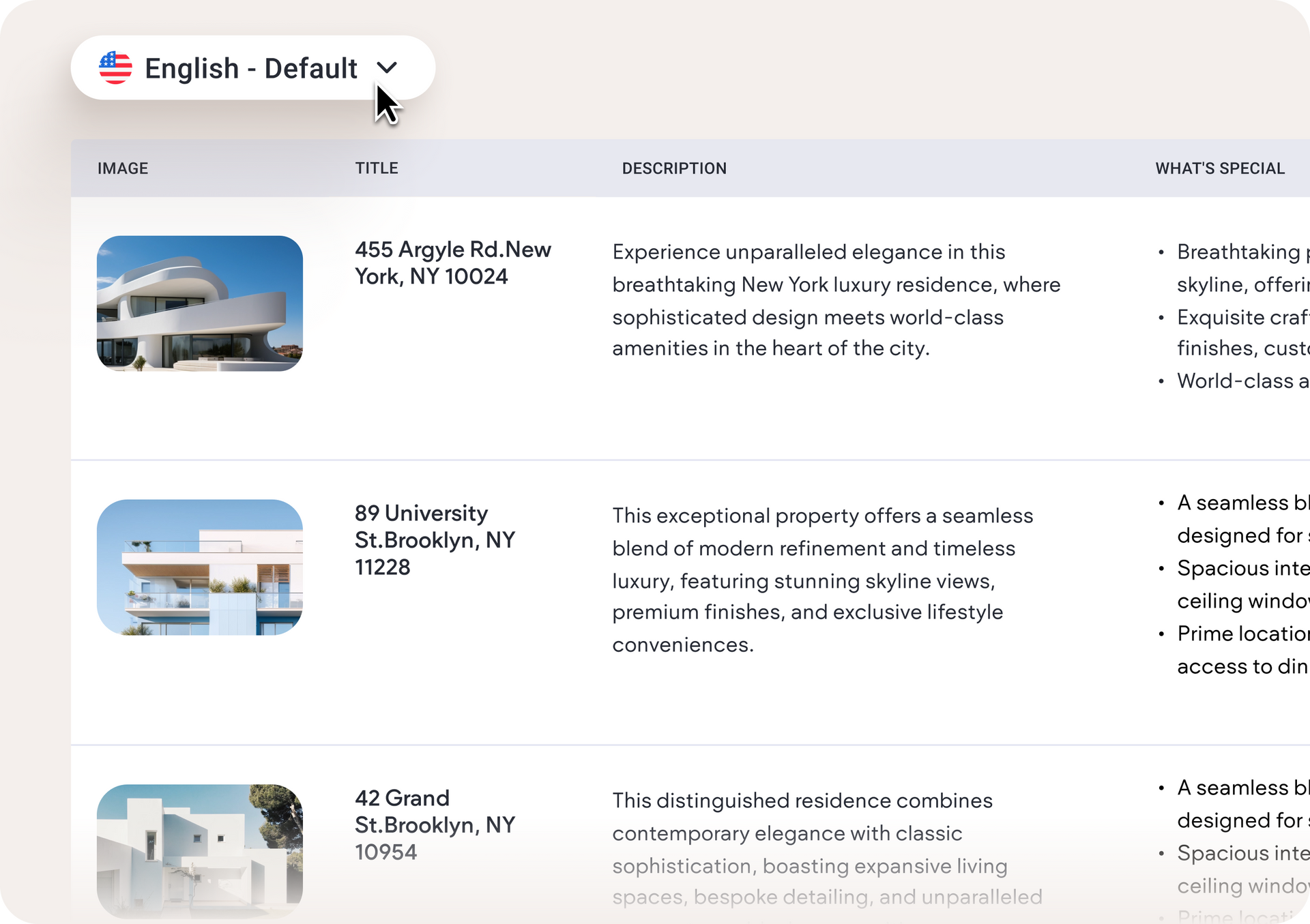 A screenshot of a website showing a list of houses for sale.