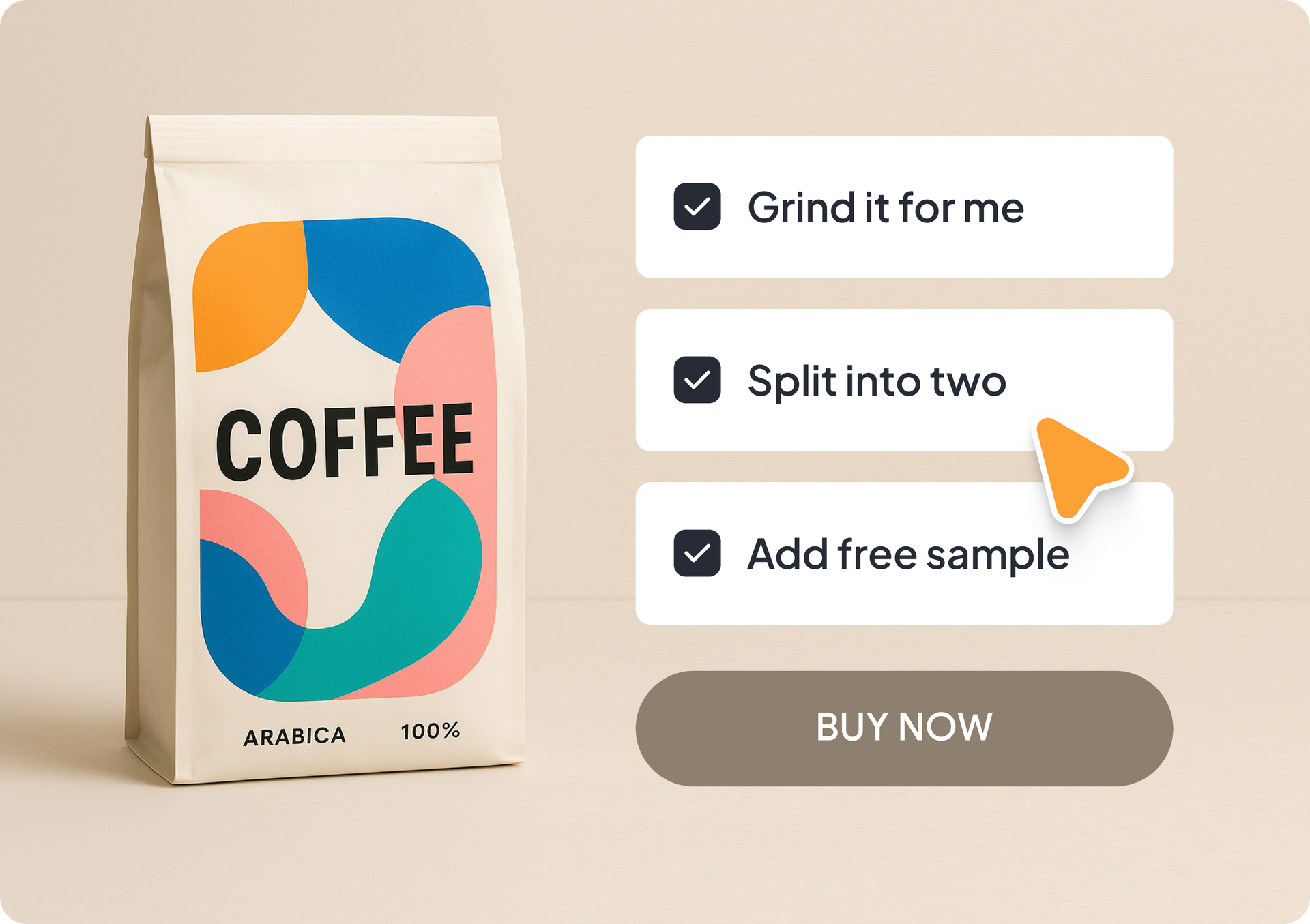Coffee bag with customization options: grind, split, sample; and a