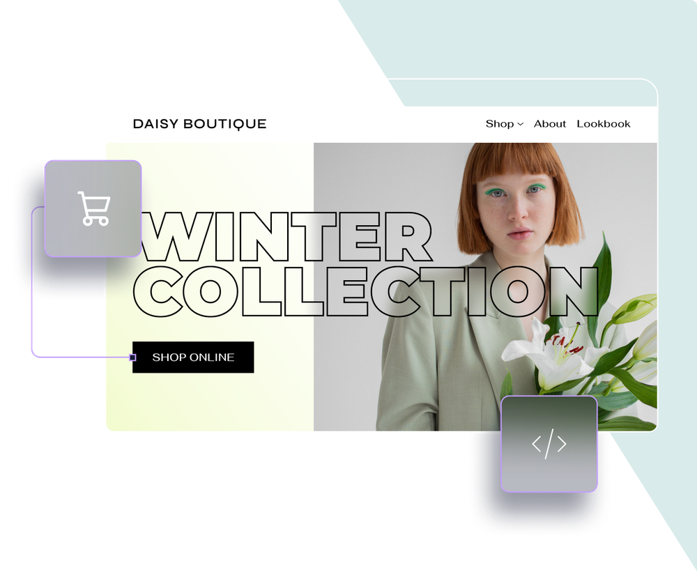 A screenshot of a website for a winter collection with a woman holding a flower.