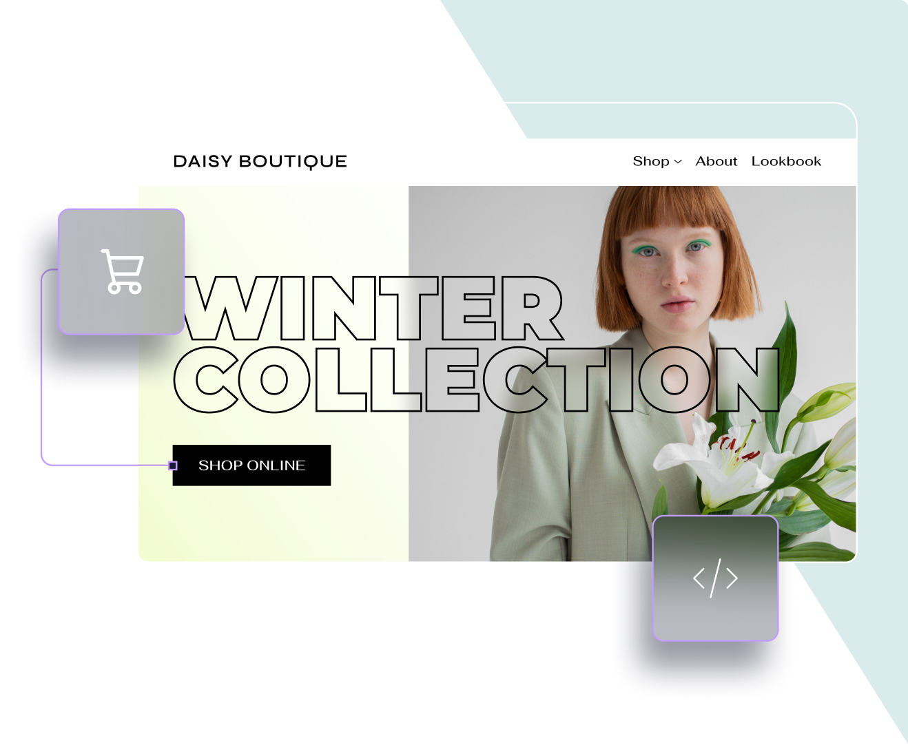 A screenshot of a website for a winter collection with a woman holding a flower.