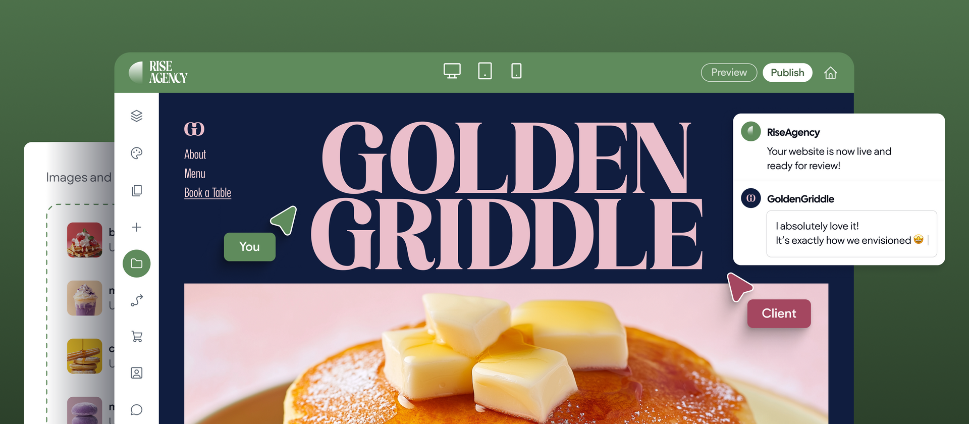 A website with a picture of a pancake and the words golden griddle