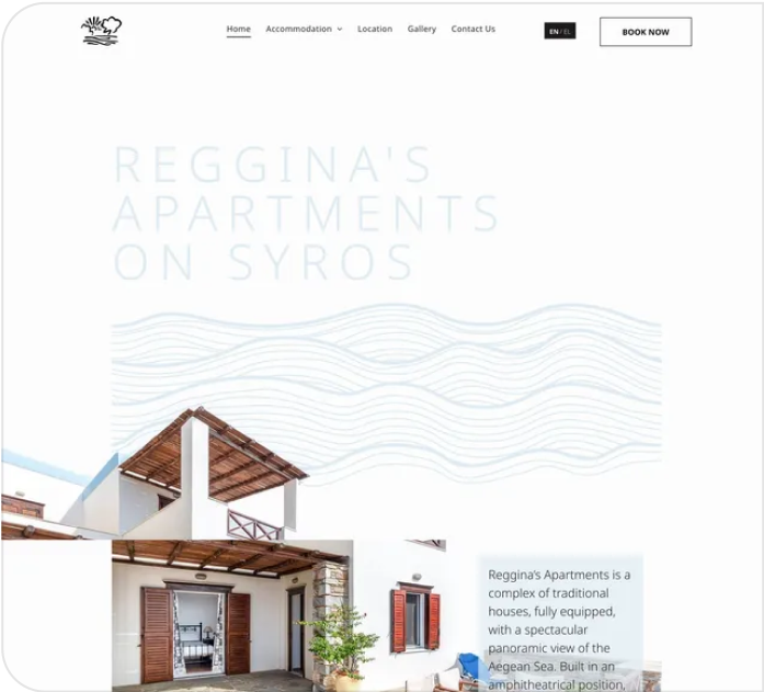 A screenshot of a website for regina 's apartments on syros