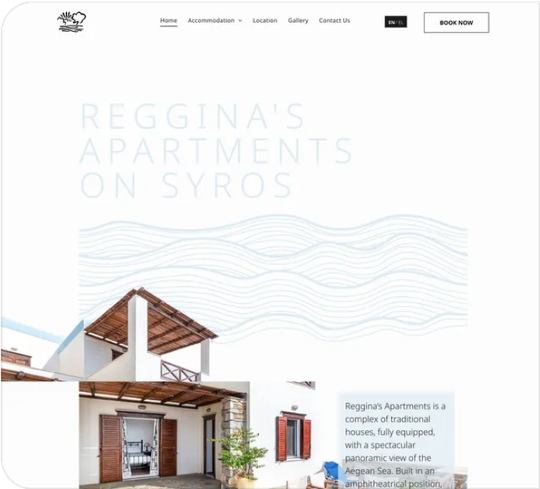 A screenshot of a website for regina 's apartments on syros