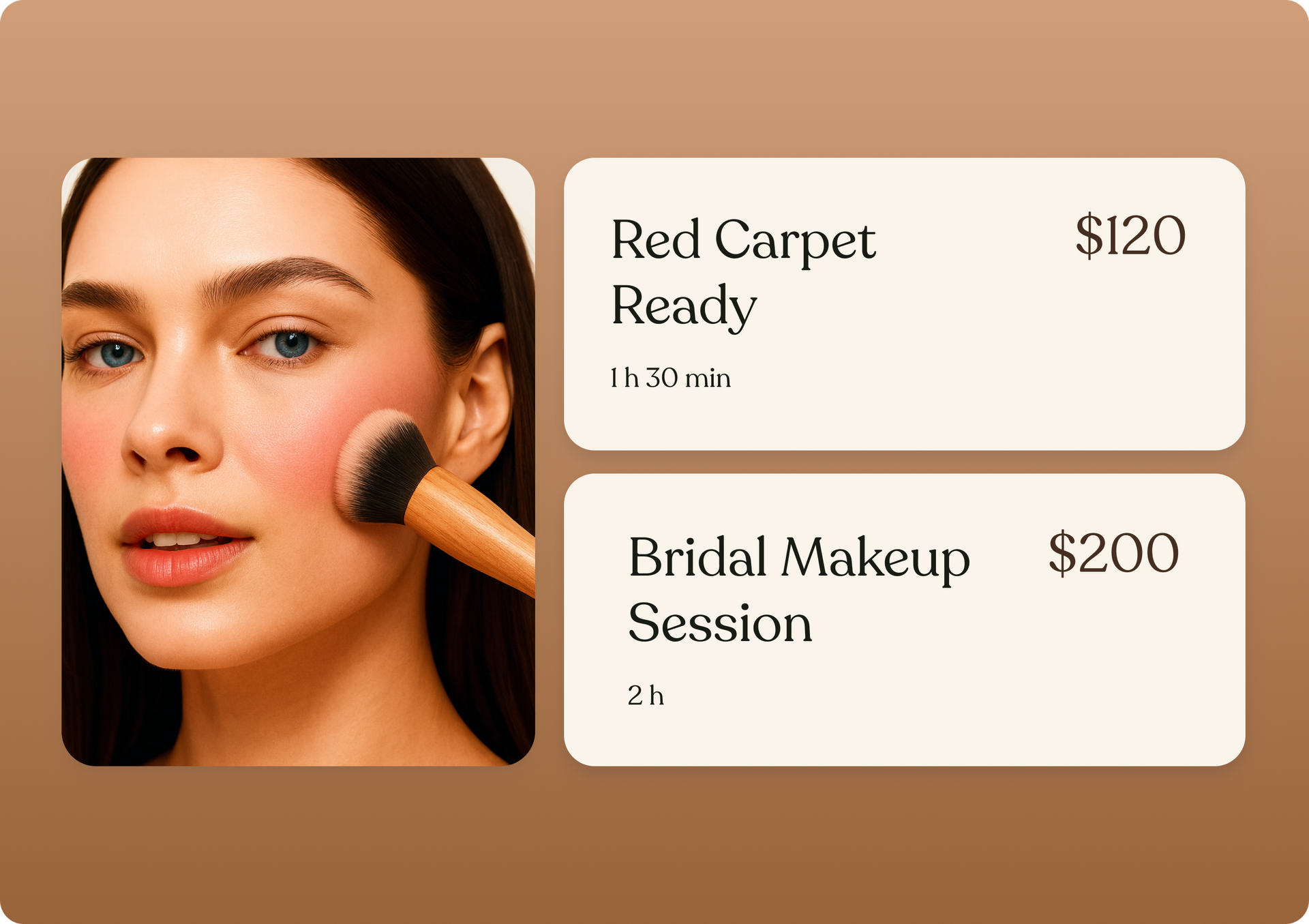 Woman getting makeup applied, with pricing for 