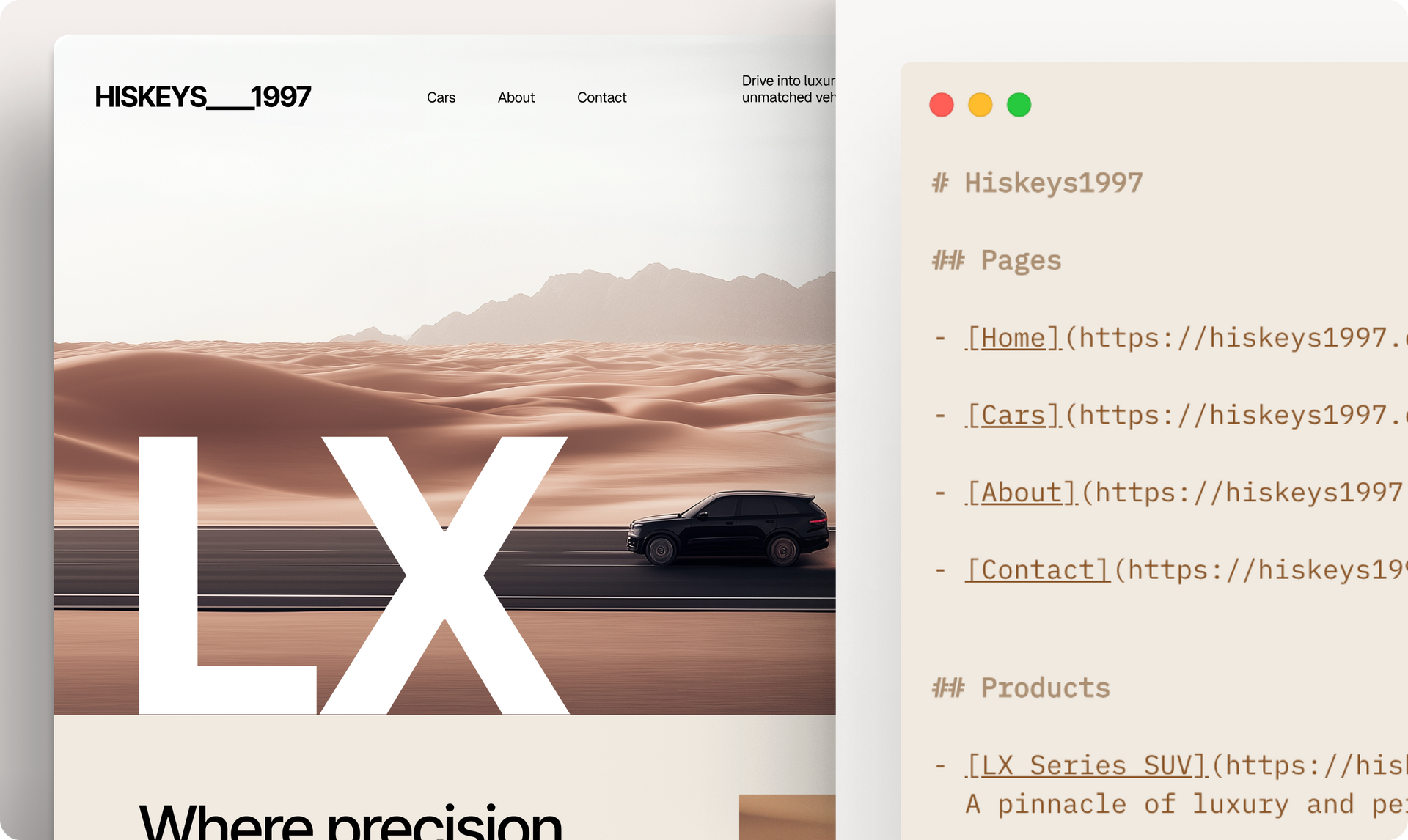 A car is driving down a desert road with the word lx on it