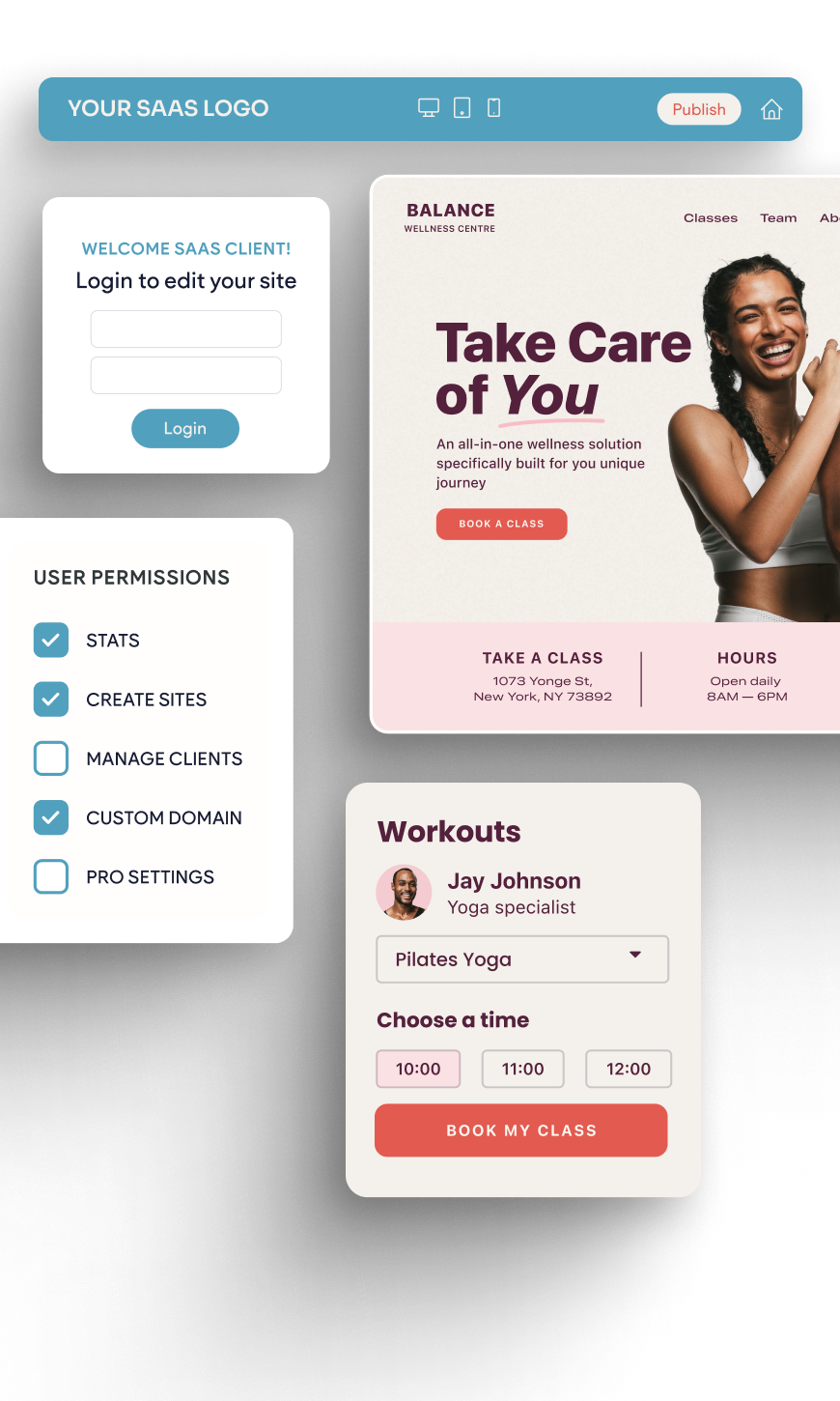 A screenshot of a website that says take care of your workouts.