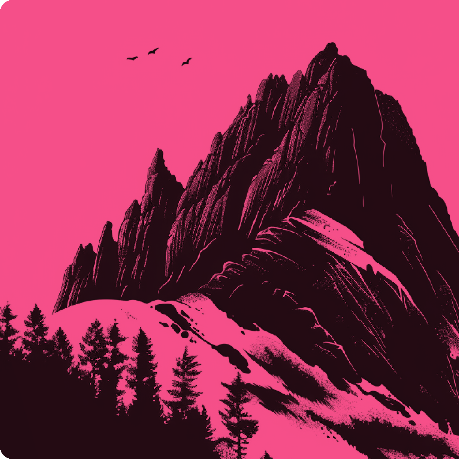 A painting of a mountain with a pink background