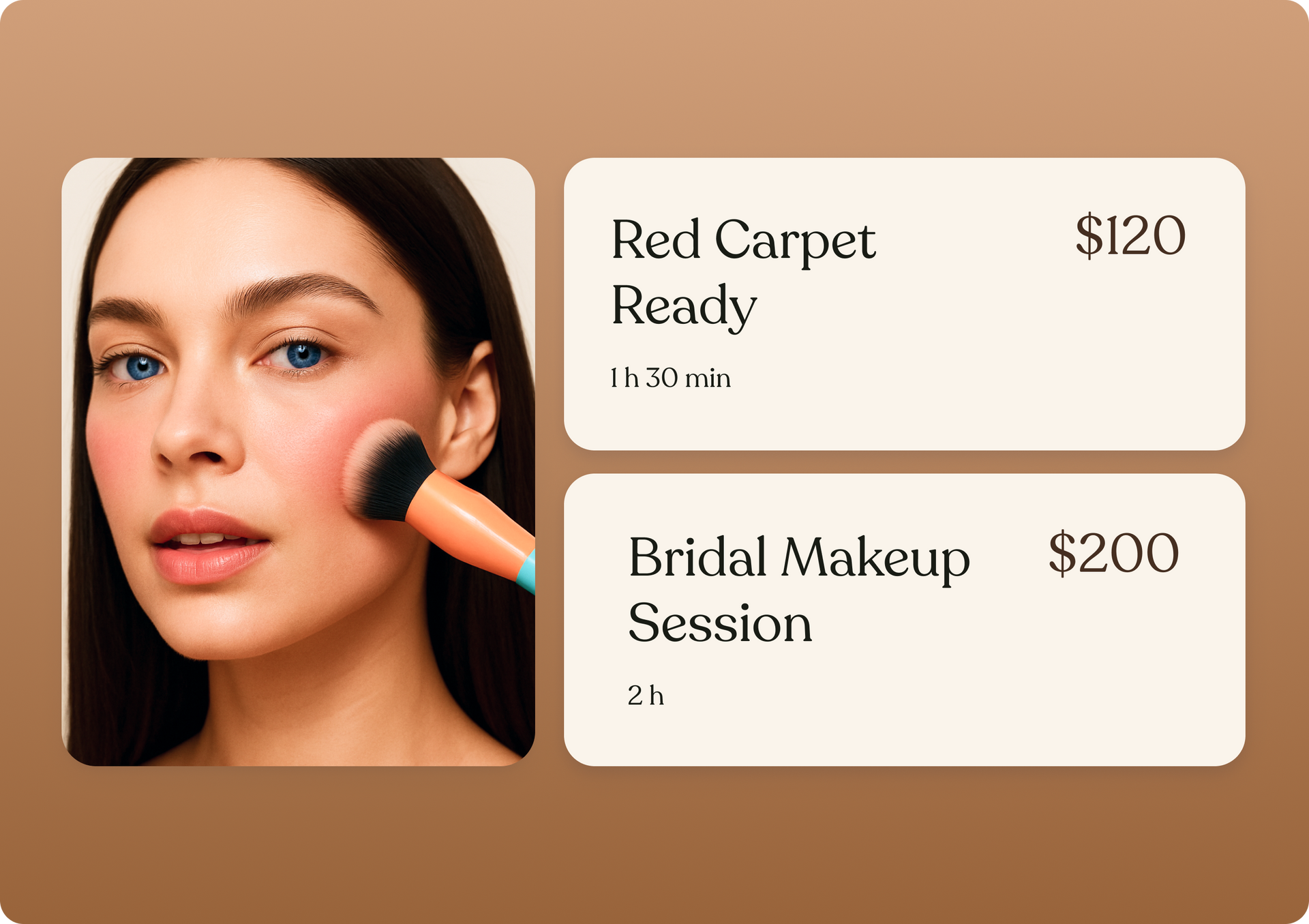 Woman getting makeup applied, with pricing for