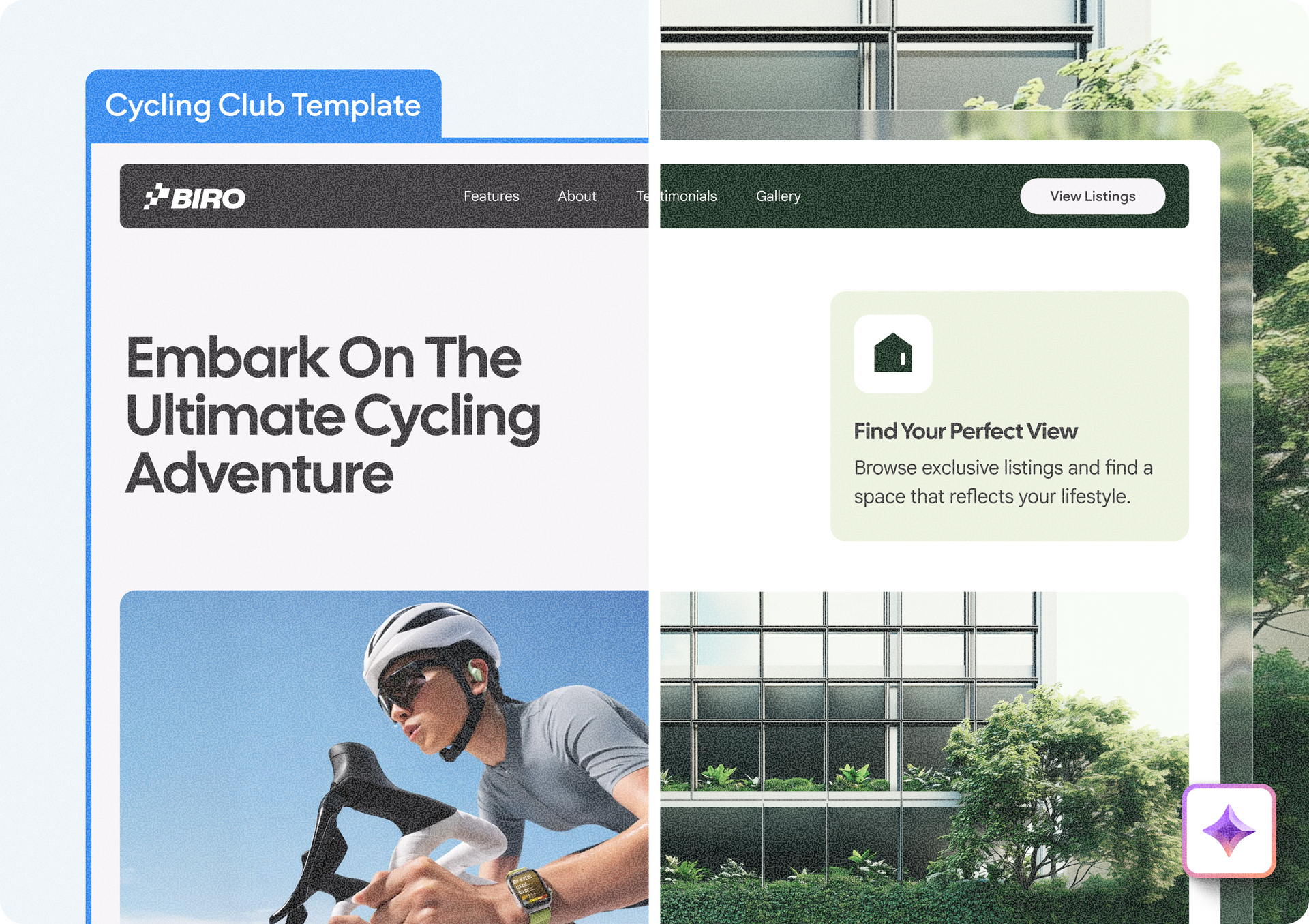 Cycling club website template with cyclist, website section with architecture.