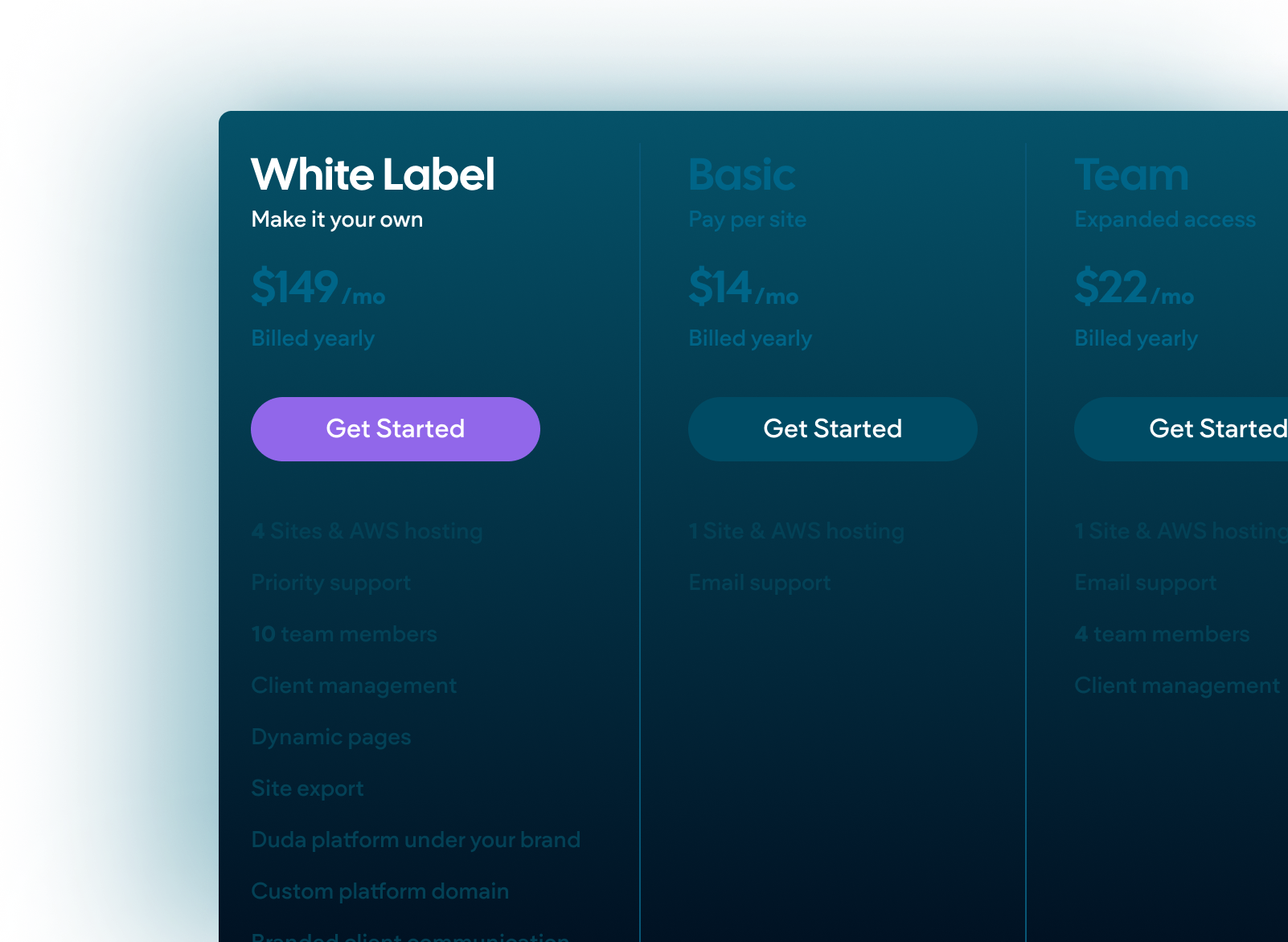 A blue pricing table with a purple button that says `` get started ''.