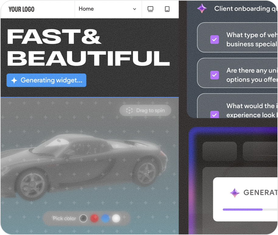 Web design interface showing a car, text that says 