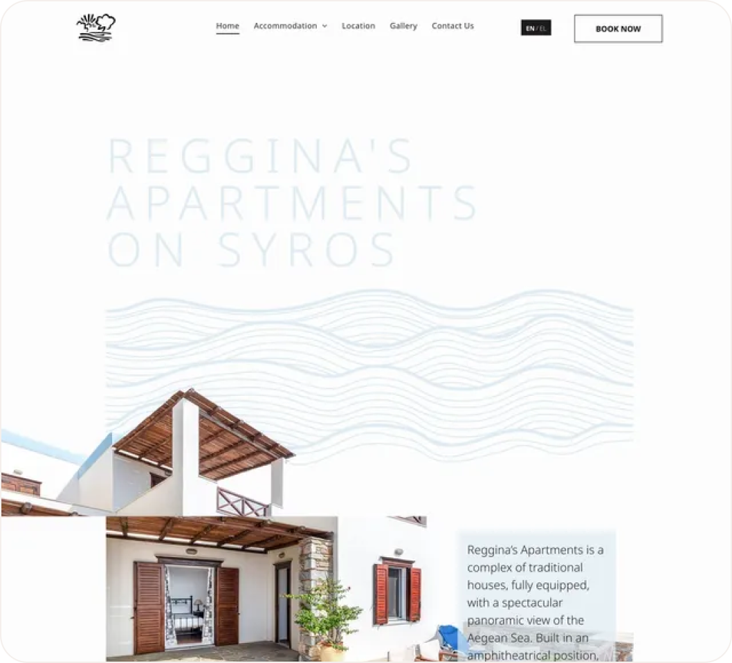 A screenshot of the website for regina 's apartments on syros