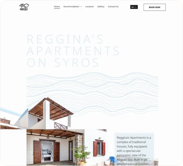 A screenshot of the website for regina 's apartments on syros