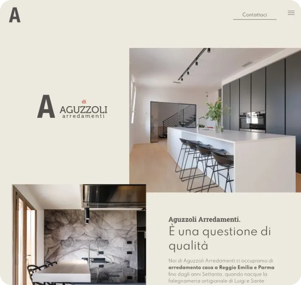 A screenshot of a website for a company called aguzzoli arredamenti