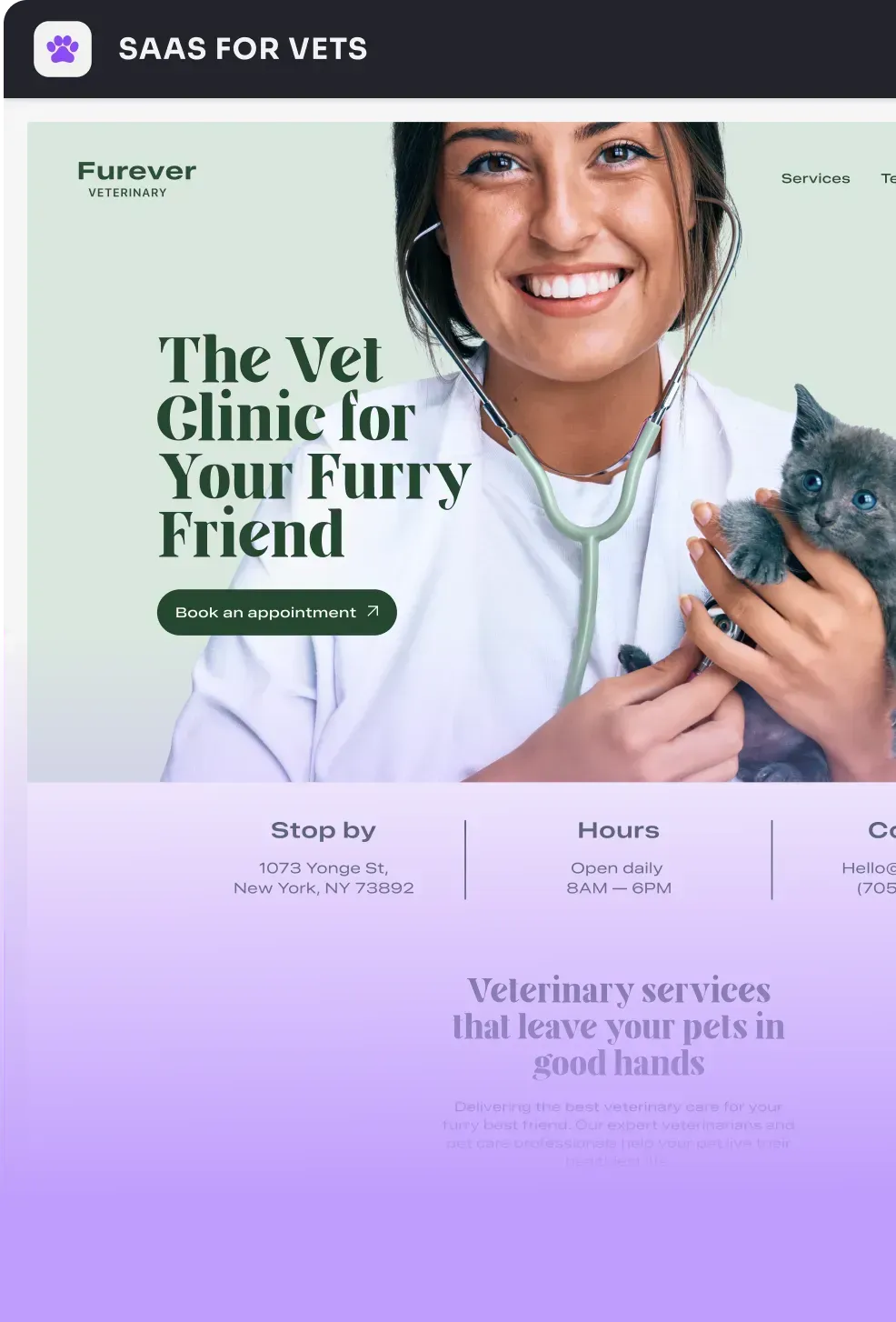 A woman is smiling while holding a kitten and wearing a stethoscope.