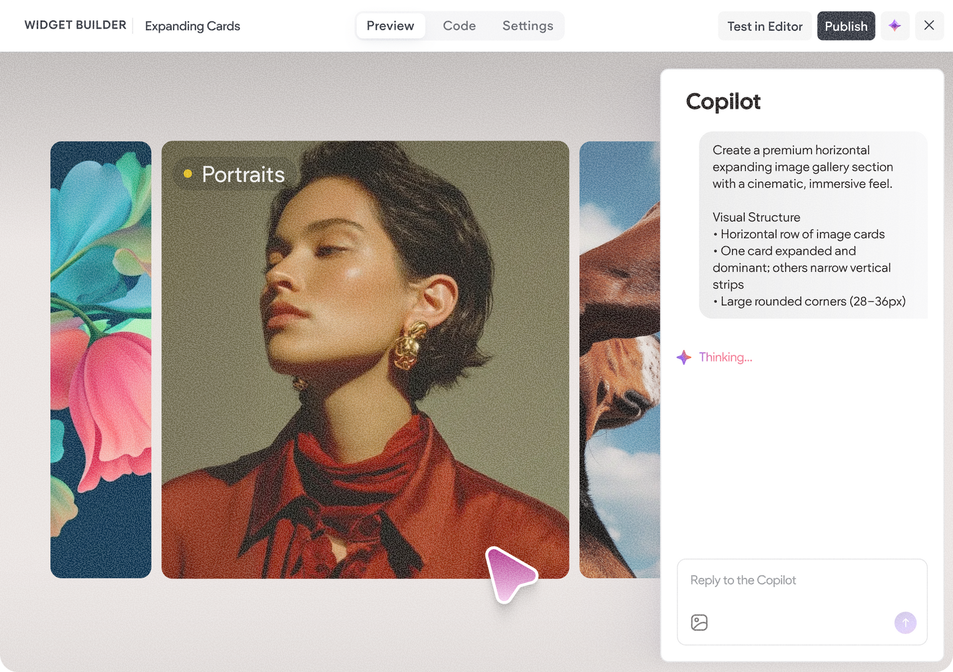 Interface showing photo editor with a woman’s portrait, text box with a list of photo editing options, and a cursor pointing.