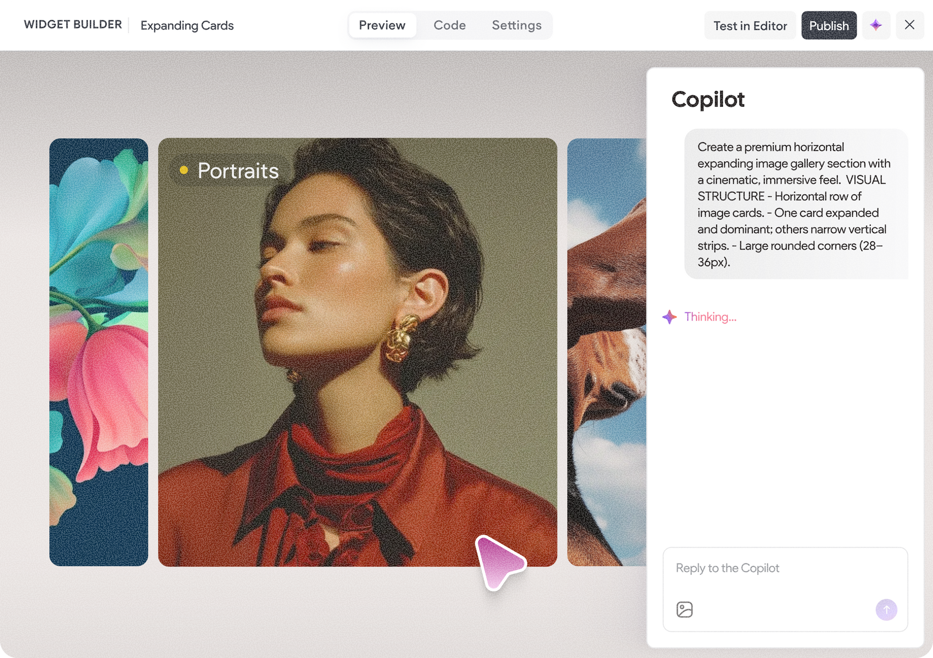 Interface showing photo editor with a woman’s portrait, text box with a list of photo editing options, and a cursor pointing.