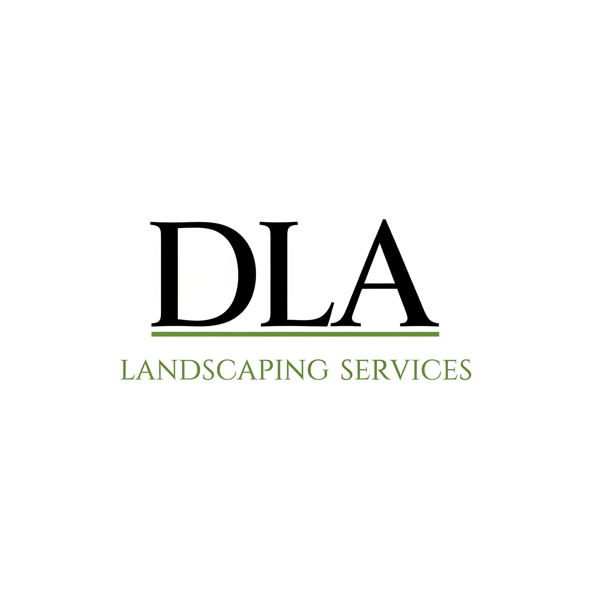 A logo for dla landscaping services on a white background.