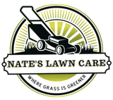 A logo for nate 's lawn care where grass is greener