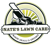 A logo for nate 's lawn care where grass is greener