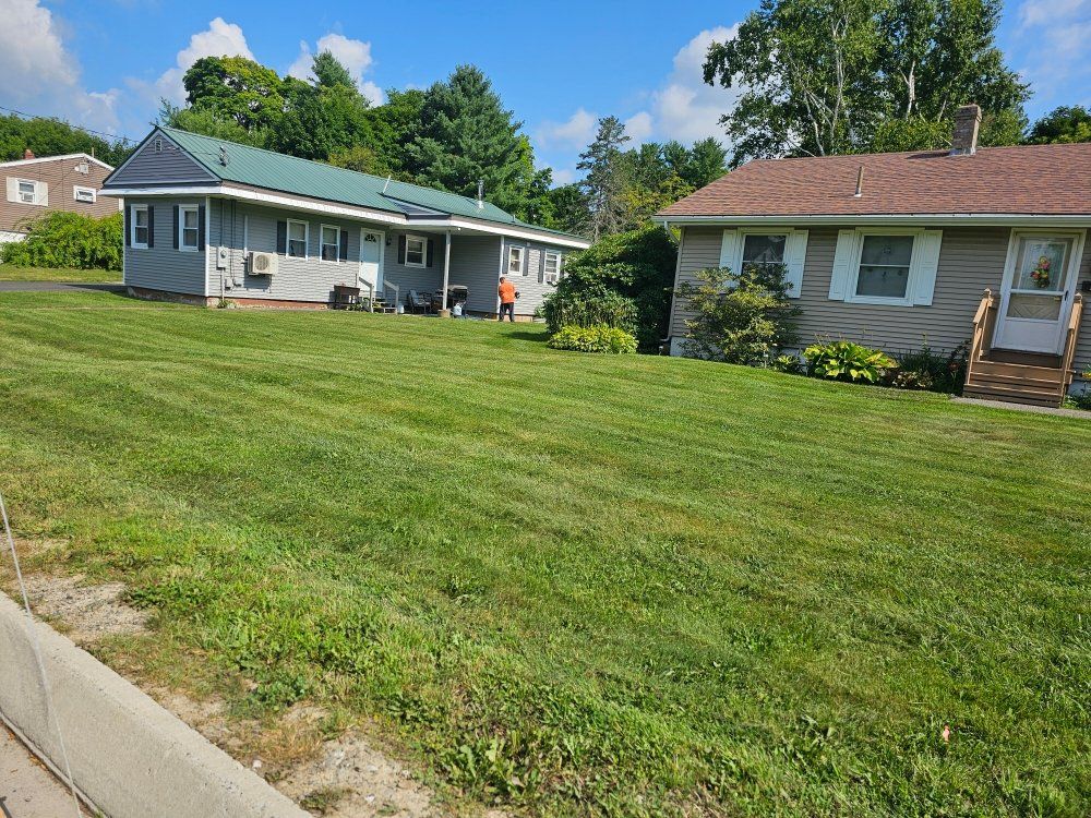 Two houses are sitting next to each other on a lush green lawn.