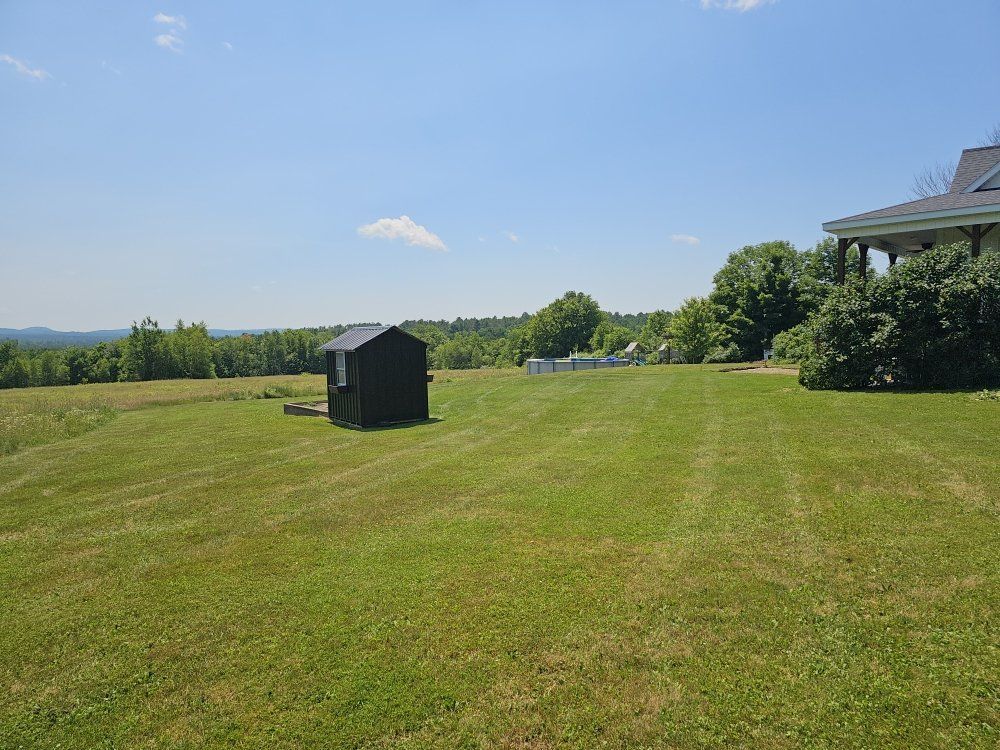 A shed is sitting in the middle of a lush green field.