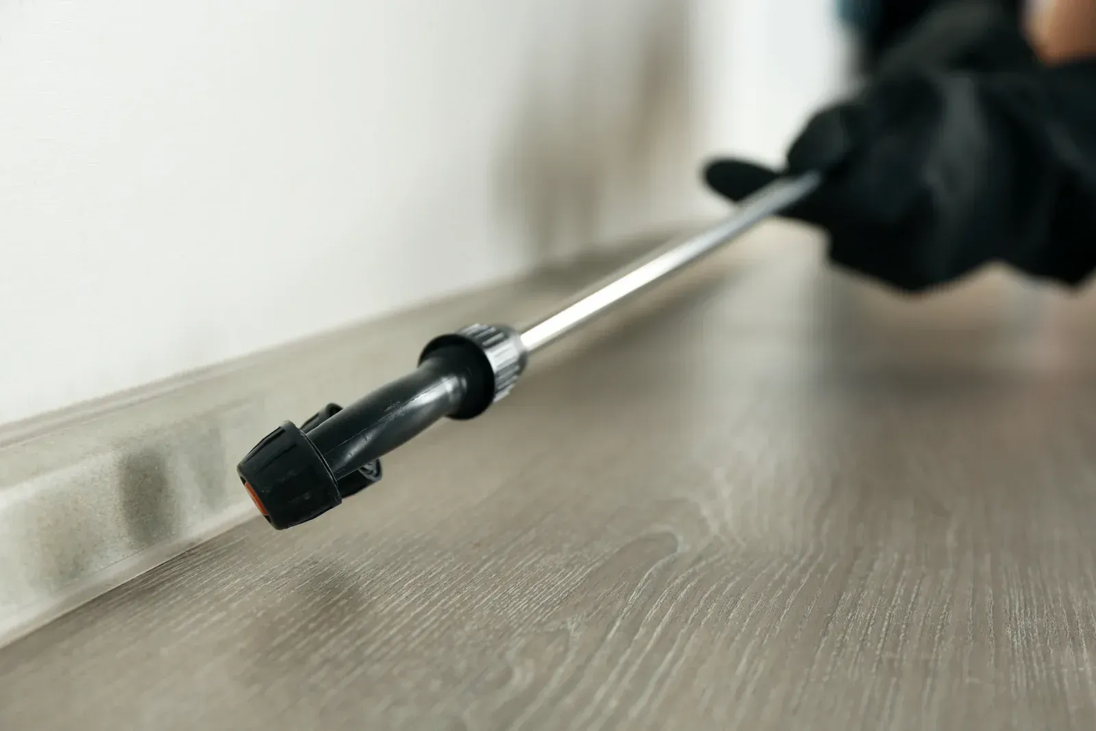 A person is spraying a pesticide on a wooden floor.