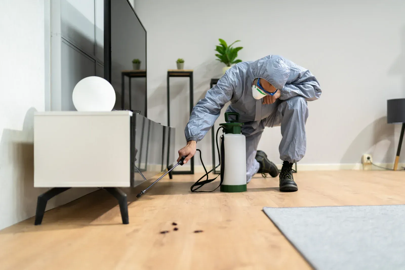 A man in a protective suit is spraying a room with a sprayer.