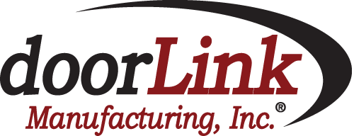 the logo for doorlink manufacturing inc. is black and red