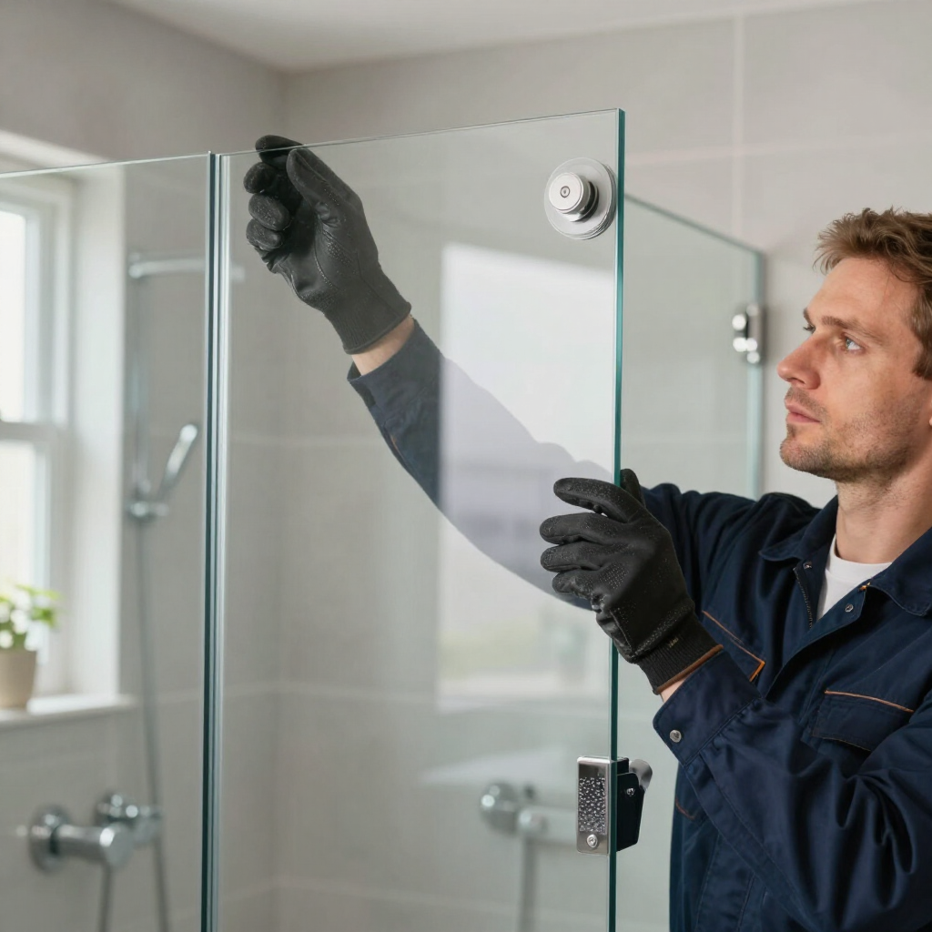 A person in workwear and gloves installs a glass shower panel in a bathroom.