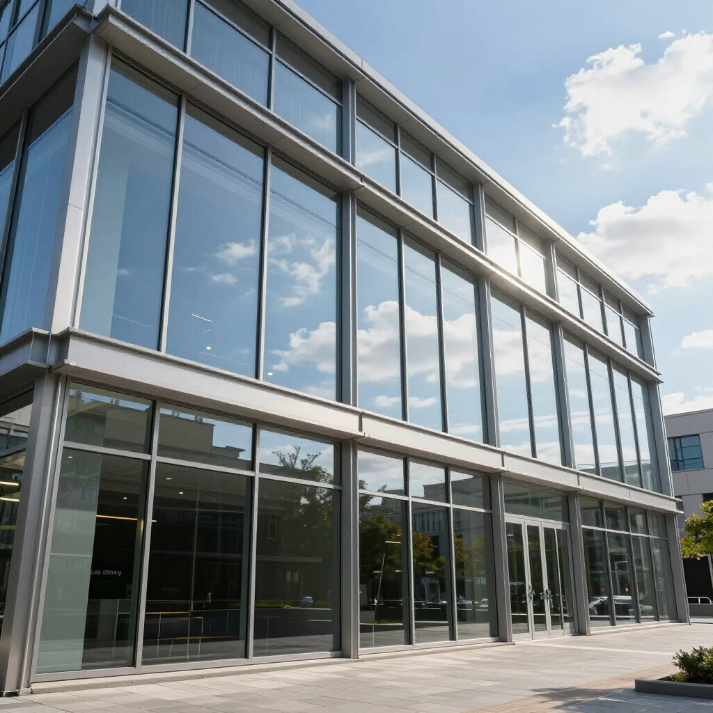A low-angle view of a modern glass-paneled office building reflecting the bright blue sky and clouds on a sunny day.