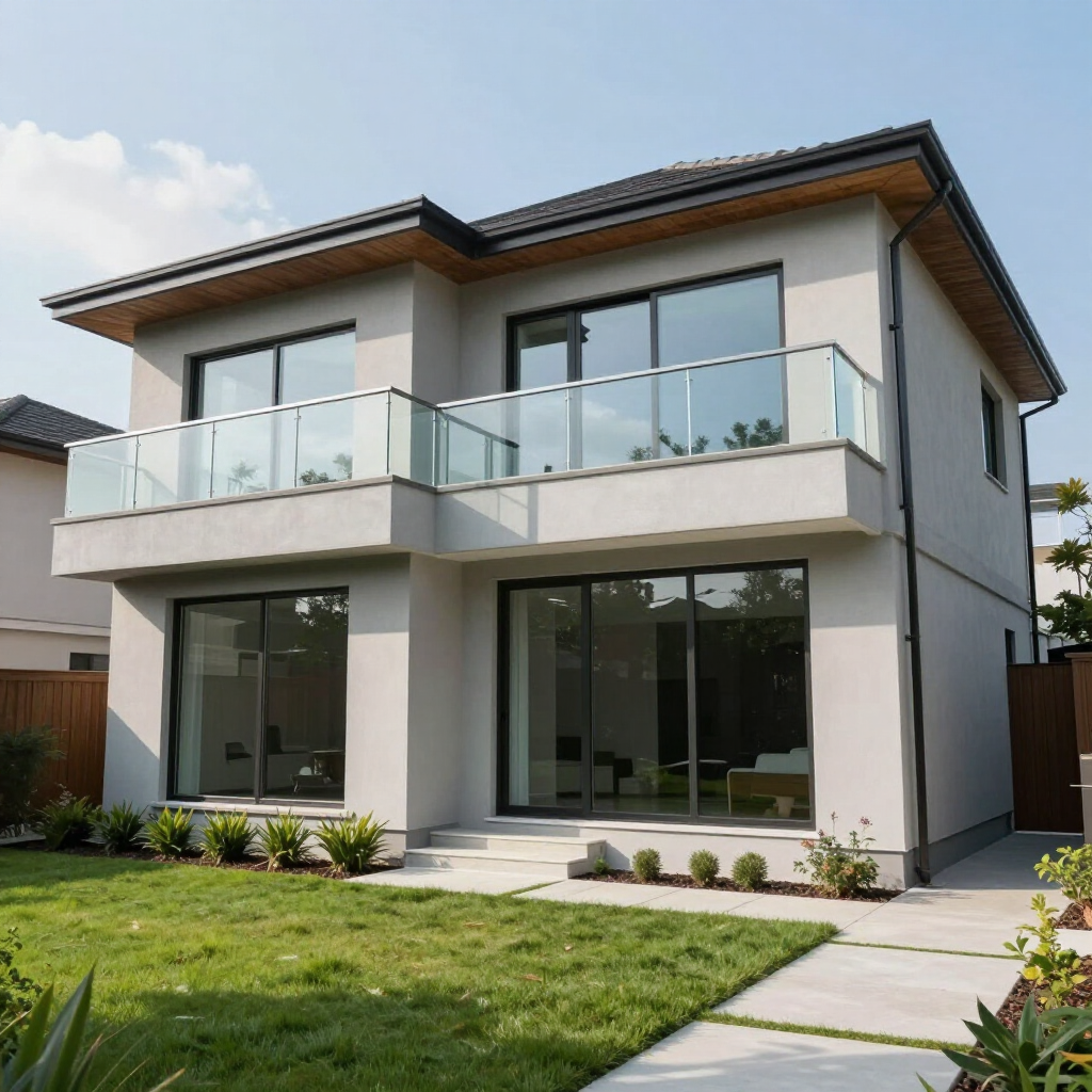 A two-story, light gray modern house with large glass sliding doors and a glass-railed balcony under a blue sky.