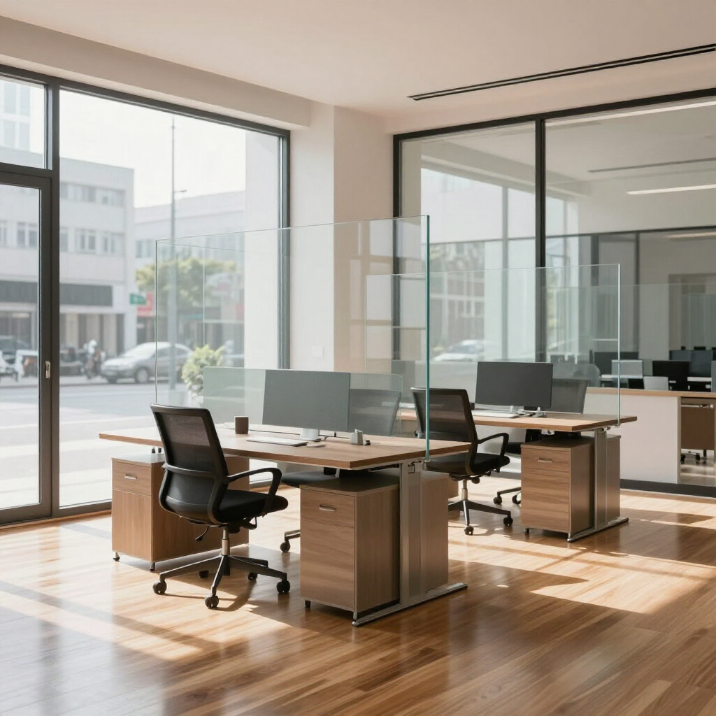 Modern office workstations with wooden desks, black chairs, and transparent glass dividers on a hardwood floor.