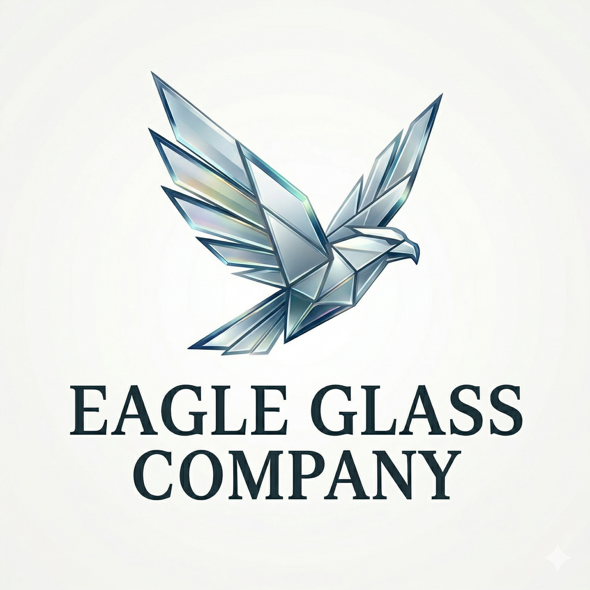 A geometric, faceted glass eagle logo with metallic blue highlights above the text 