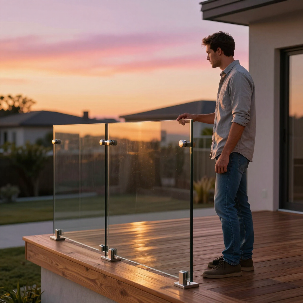 A person leans on a glass railing on a wooden deck at sunset, looking out over a residential neighborhood.