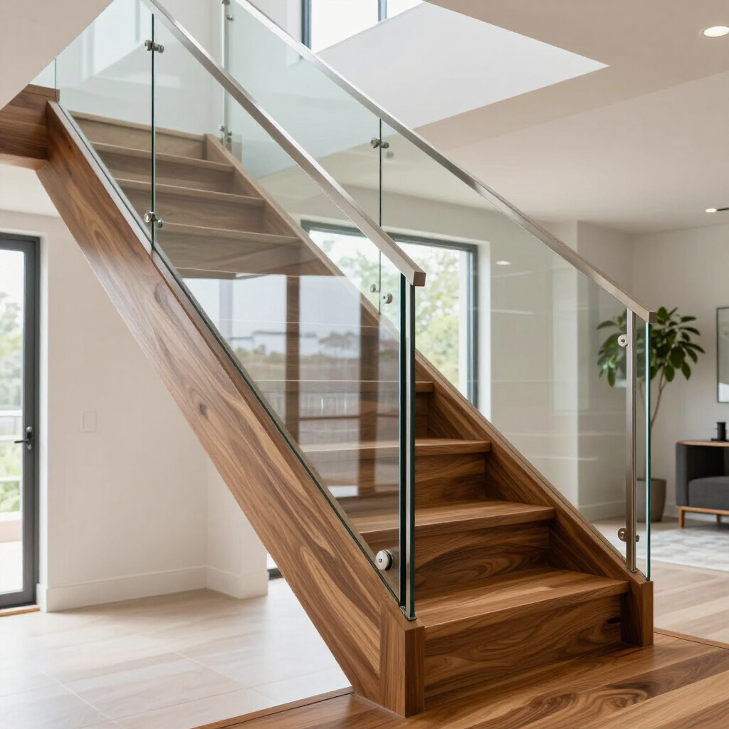 Modern wooden staircase with a glass railing and metal hardware inside a bright home.